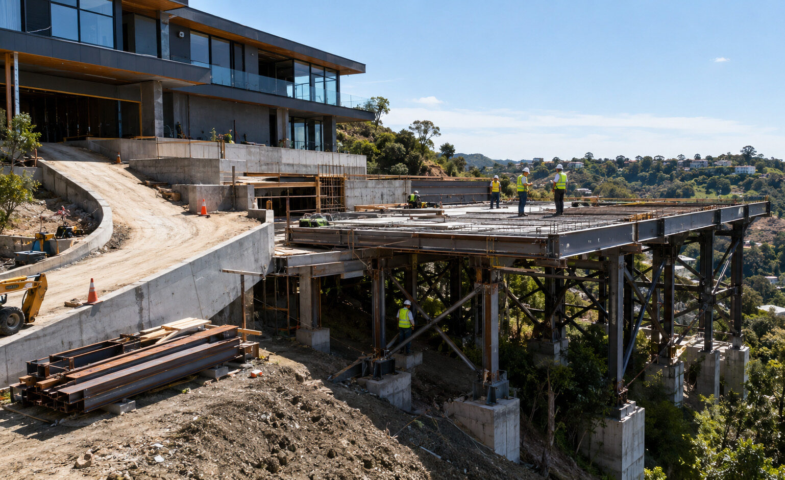 Elevated residential parking deck under construction on a steep hillside lot, with exposed steel beams, concrete footings, structural bracing, workers, materials, and a driveway ramp connection.