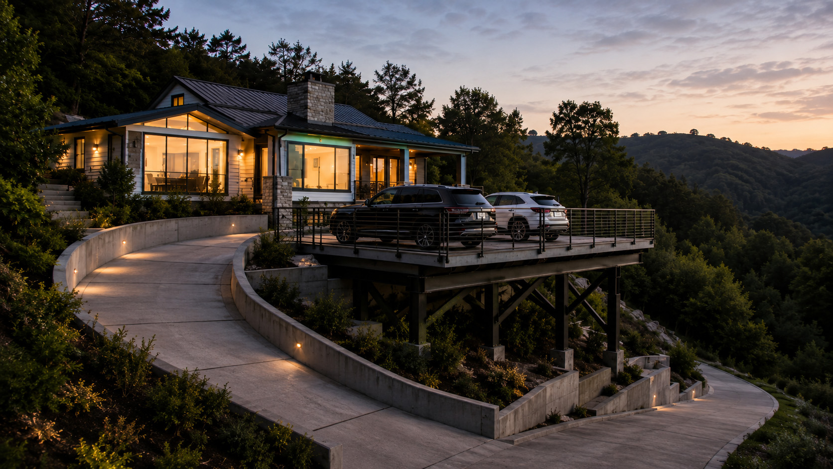 Modern Marin County hillside home with an elevated residential parking deck, parked cars, structural supports, retaining walls, and a curved driveway access ramp.