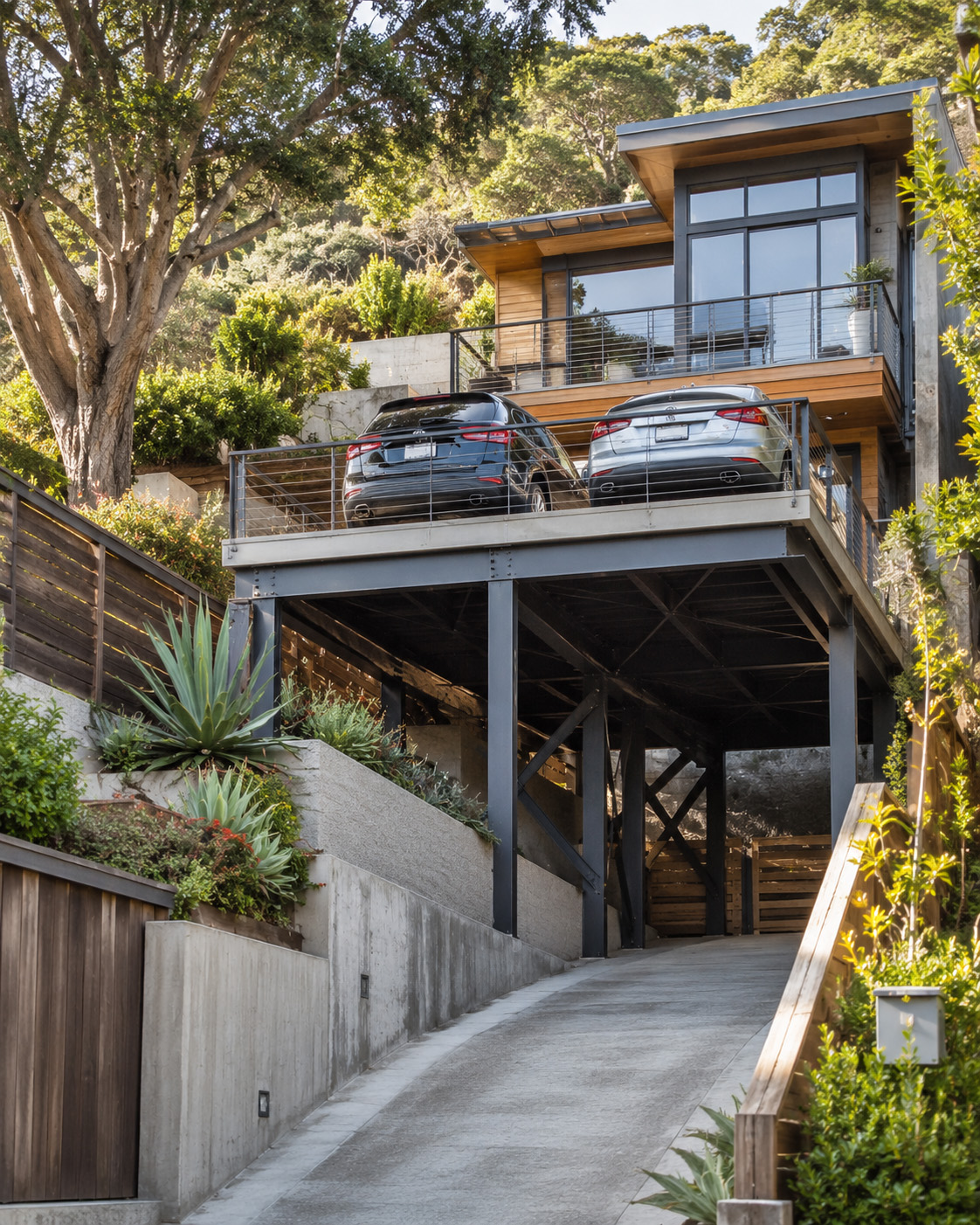 Modern hillside home with a compact elevated parking deck, two parked cars, steel structural supports, retaining walls, and a narrow driveway designed for a steep, space-limited lot.